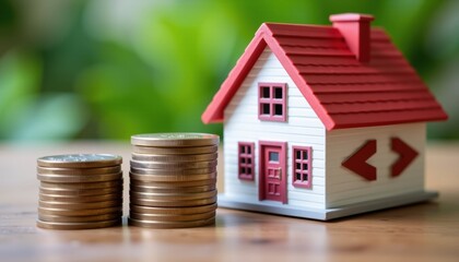 Residential property planning legal aspects of investment coins stacked beside home model in natural environment