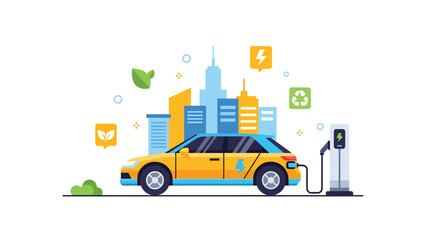 Flat illustration of a modern electric car charging at a station in a smart eco city. Perfect for topics about future mobility, green energy, and modern clean transportation