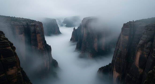 Misty foggy landscape of rugged rocky canyon cliffs shrouded in low hanging clouds and fog - Powered by Adobe