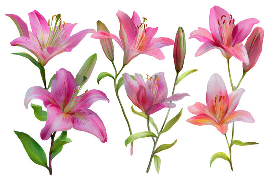 Beautiful Hand Drawn Watercolor Pink Lilies Set. A collection of six stunning pink stargazer lilies in various stages of bloom for elegant floral arrangements.