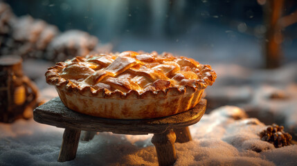 Apple Pie, A surreal miniature world style. An enormous apple pie on a miniature rustic wooden table in a snow-covered forest clearing.  a cold snowy background.