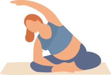 A pregnant woman sits on a mat while stretching sideways with one arm raised overhead in a relaxed yoga pose.