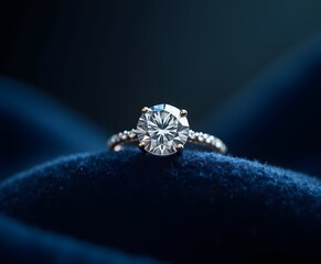 Sparkling Diamond Ring on Dark Velvet Cloth Macro Shot