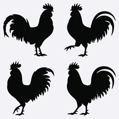 Four black rooster silhouettes in different poses, farm animal icon set