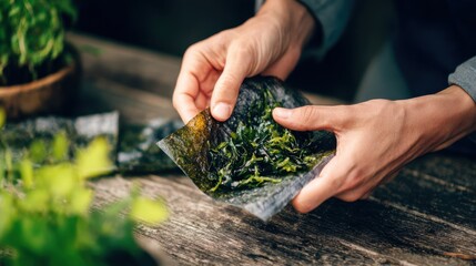 Hands opening a flexible seaweed pouch highlighting innovative edible packaging for onthego convenience.