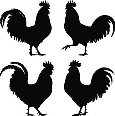 Four black rooster silhouettes in different poses