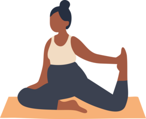A pregnant woman sits on a yoga mat in a side-stretch pose, holding one foot behind her while gently twisting her upper body.