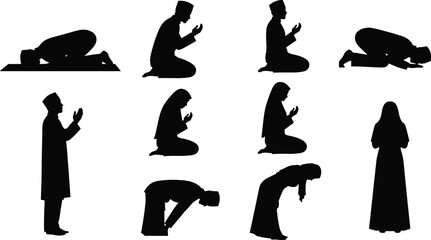 Islamic prayer icon set, black silhouette figures in various Salah postures for worship design, cad drawing flat vector illustration