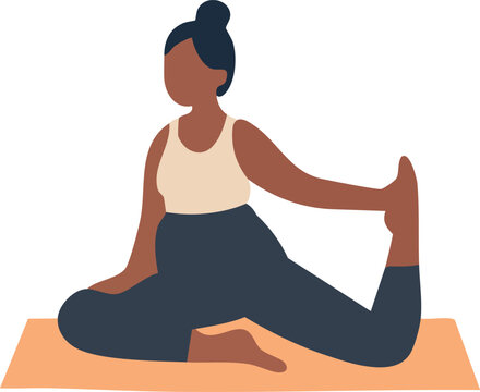 A pregnant woman sits on a yoga mat in a side-stretch pose, holding one foot behind her while gently twisting her upper body.