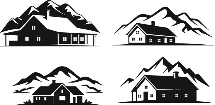 Four different black and white vector logos of houses in the mountains, cabin, chalet, lodge, nature, landscape, rustic, outdoor, travel, adventure, silhouette, emblem, badge, icon, design element