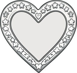 A black and white heart-shaped frame decorated with small star and flower doodles around its border.