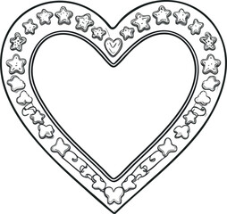 A black and white heart-shaped frame decorated with small star and flower doodles around its border.