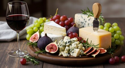 Cheese plate variety with grapes and figs paired with red drink on dark wooden table