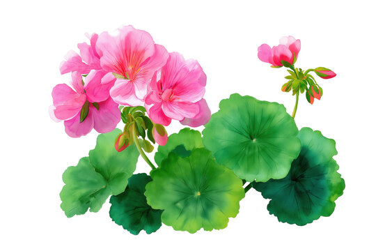 Hand Drawn Watercolor Pink Geranium Plant Illustration. A lovely depiction of a blooming pink pelargonium with its distinctive round green leaves and small buds.