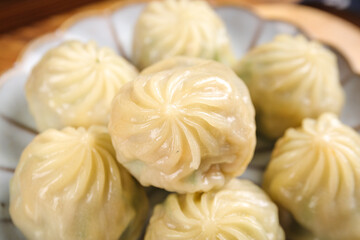 Traditional Chinese Soup Dumplings Xiaolongbao Steamed in Bamboo Basket Asian Cuisine Delicious Breakfast Option