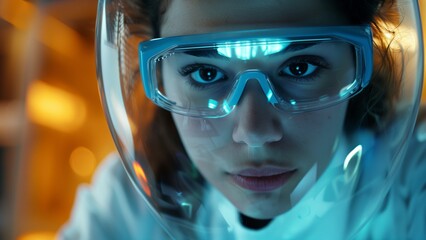 Scientist in Futuristic Lab: A focused female scientist, wearing protective eyewear and a futuristic helmet, peers intently from within a high-tech laboratory setting.
