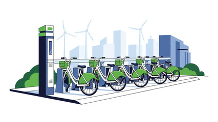 Flat illustration of a modern public bike-sharing station with multiple bikes and digital screen. Perfect for eco commuting, community transport, and smart mobility services