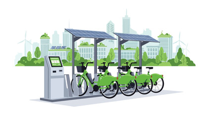 Flat illustration of a modern public bike-sharing station with multiple bikes and digital screen. Perfect for eco commuting, community transport, and smart mobility services