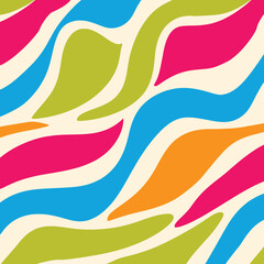 Fototapeta premium Abstract retro wavy pattern in bright pink, lime green, and cyan on cream background