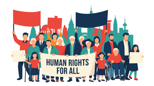 Vector art of a diverse community peacefully marching for equality, holding signs supporting universal human rights, promoting social justice and inclusion in an urban public setting