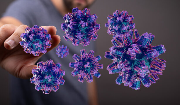 Artistic depiction of Coronavirus cells or a similar virus being presented by a person's hand, representing ri - Powered by Adobe
