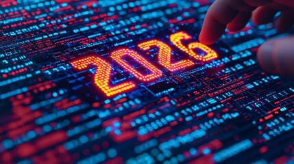 A futuristic display shows the year "2026" in vibrant colors, with a hand poised to interact, suggesting technology and digital innovation.
