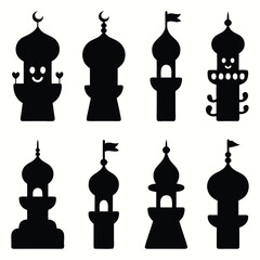 Eight black silhouettes of mosque minarets and towers with flags and crescent moons