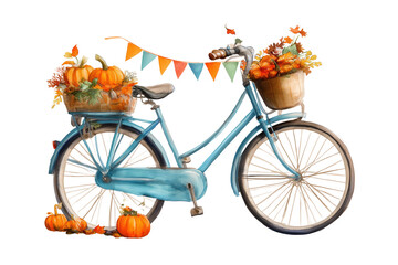 Autumn Themed Hand Drawn Watercolor Bicycle with Pumpkins Illustration