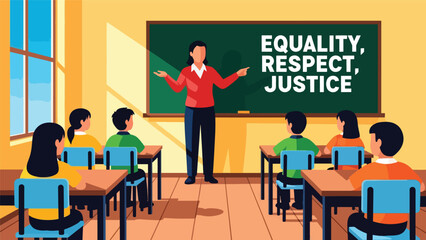 Vector art of a teacher explaining equality, respect, and justice to students in a classroom, promoting inclusive education, positive values, and social awareness in a school setting
