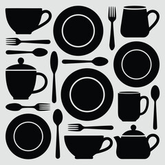 Black silhouettes of various dinnerware and utensils on white background