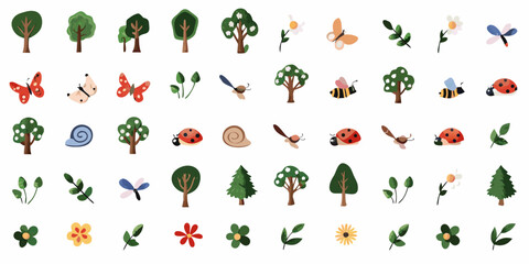 Colorful collection of trees butterflies flowers and insects in cartoon style © Rathin