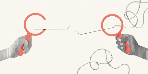 Two hands holding magnifying glasses over a tangled gray line