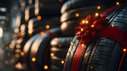 Car tires decorated with a red gift bow. Car tires accessories, 
Car puncture, car tires background. Changing tires car dealership. Tire service truck wheel alignment, Christmas  orange fairy lights. 