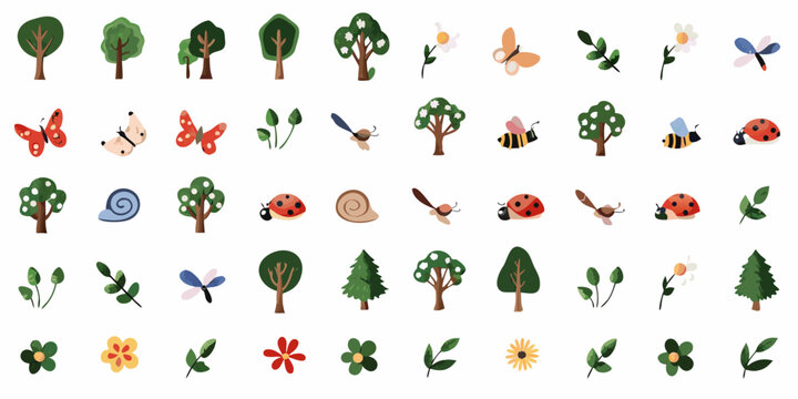 Colorful collection of trees butterflies flowers and insects in cartoon style
