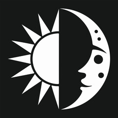 Sun and crescent moon phases in black and white