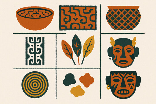 Amazonian Peruvian crafts vector icons in torn textured geometric grid on white background