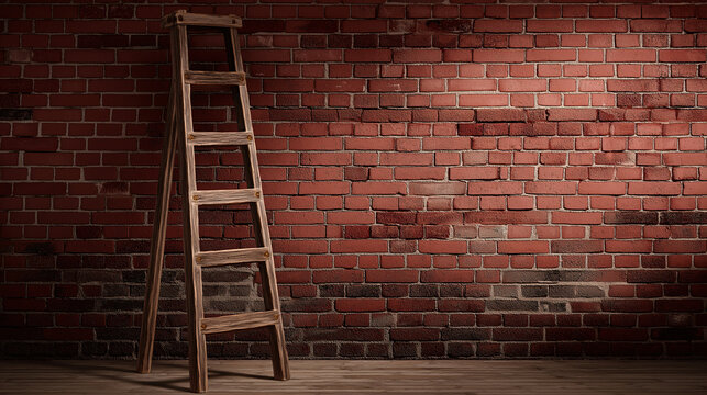 Wooden ladder red brick wall empty room wasted effort concept interior construction metaphor failure expansion solitude dramatic lighting horizontal