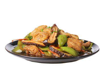 Stir Fry Vegetables with Shiitake Mushrooms Green Peppers Carrots and Tofu Puffs in Sauce