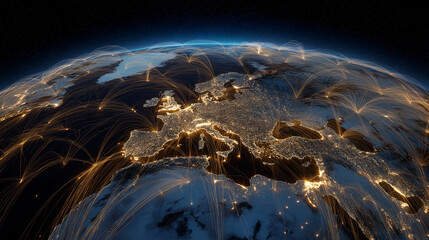 Aerial view of Europe at night with glowing city lights, illuminated network connections, digital data flow, and global communication lines across continents