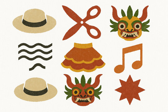 Peruvian traditional dance vector icons in torn textured clean grid on white background