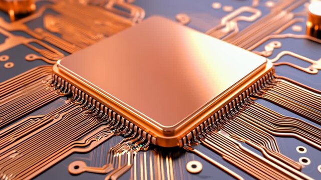Microchip processor circuit technology copper electronics hardware motherboard gleaming microchip copper circuit with fine pins futuristic detail