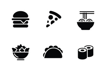 Collection of six popular fast food and meal icons in black silhouette
