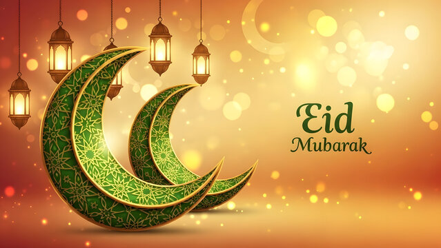 Beautiful eid mubarak greeting card with crescent moons and lanterns - Powered by Adobe