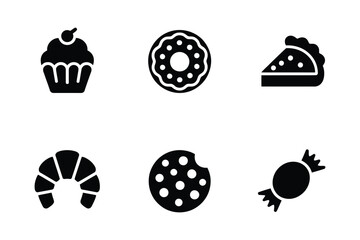Collection of six black and white icons representing various sweet treats