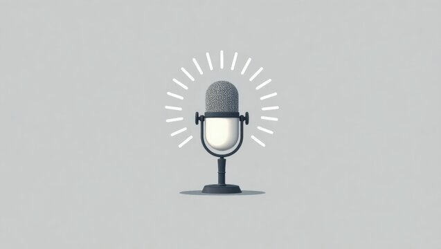 Retro studio microphone radiating sound lines on a grey background.