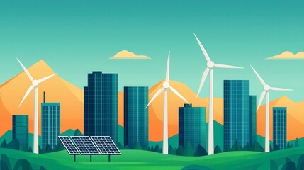 Fototapeta premium A vibrant illustration of a modern city skyline featuring wind turbines and solar panels, emphasizing renewable energy and sustainability.