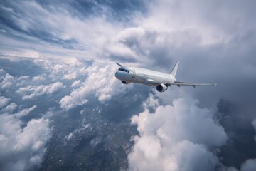 White passenger jet gliding through a daytime overcast sky above a calm cloudscape
