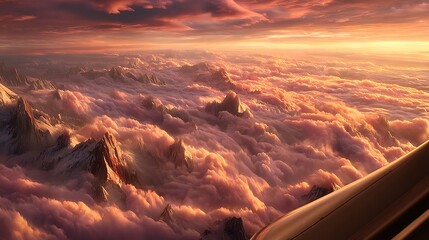 Aerial view of a mountain range partially shrouded in a sea of clouds, illuminated by golden light