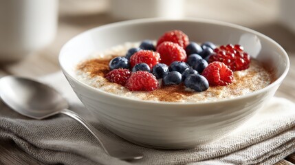 Wholesome breakfast scene: creamy oats porridge served in a porcelain bowl