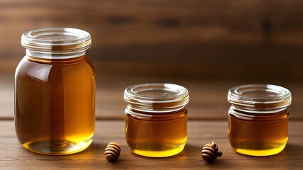 Delicious organic golden honey in a glass jar with a wooden dipper isolated on white